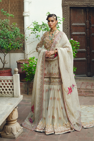 Off-White Gold Embroidered Net Sharara Set (3-Piece) - Image 2