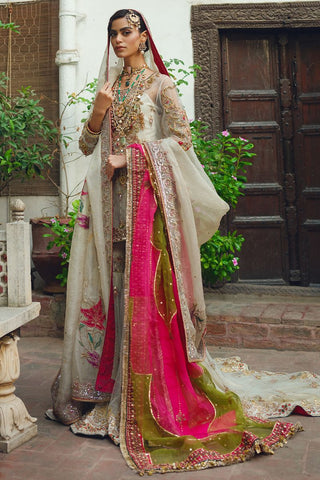 Off-White Gold Embroidered Net Sharara Set (3-Piece) - Image 3