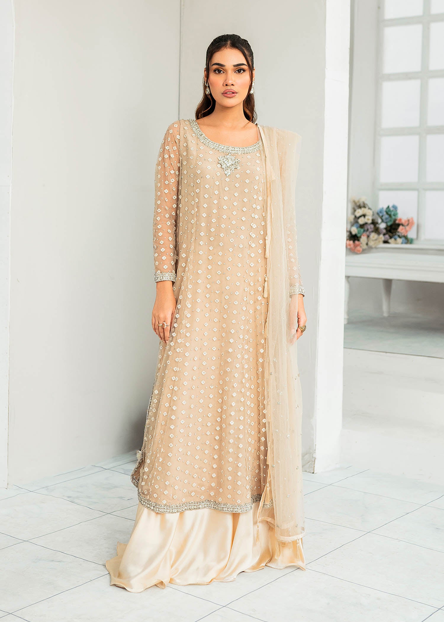 Pakistani Ivory Embroidered Net Sharara Set (3-Piece) - Image 1