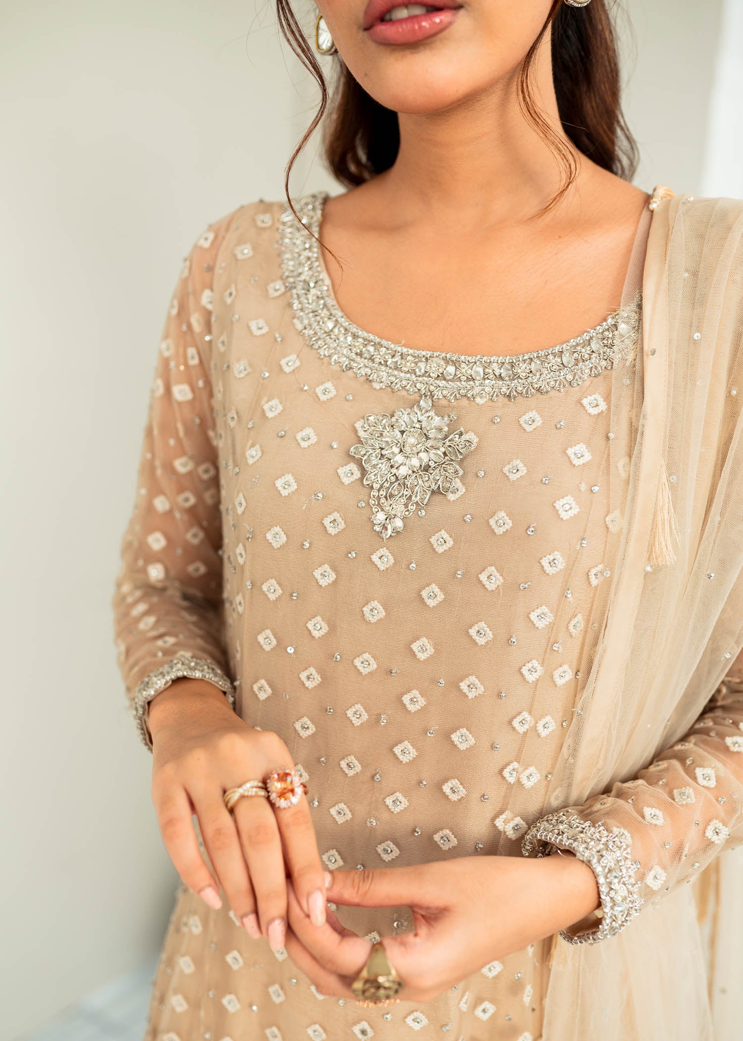 Pakistani Ivory Embroidered Net Sharara Set (3-Piece) - Image 2