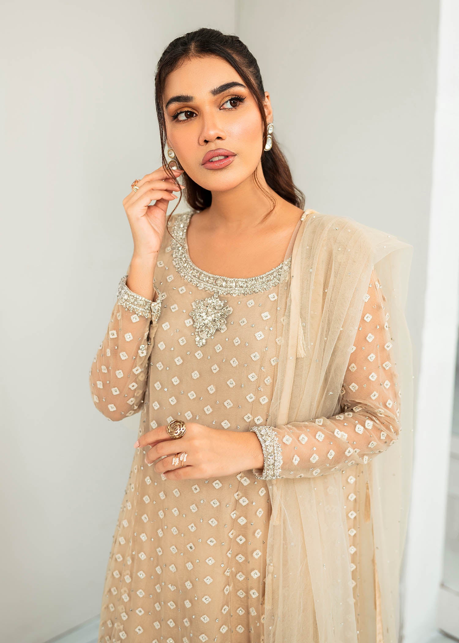 Pakistani Ivory Embroidered Net Sharara Set (3-Piece) - Image 3