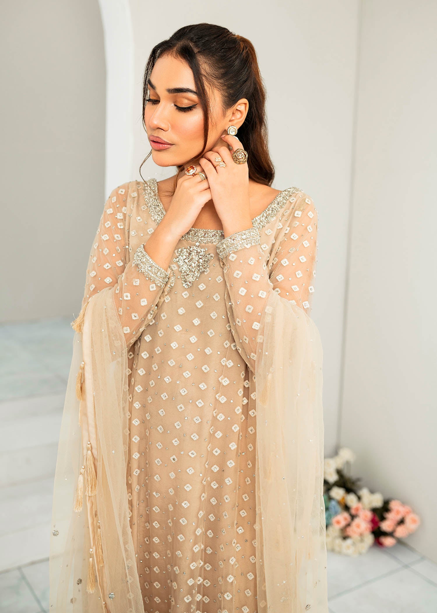 Pakistani Ivory Embroidered Net Sharara Set (3-Piece) - Image 4