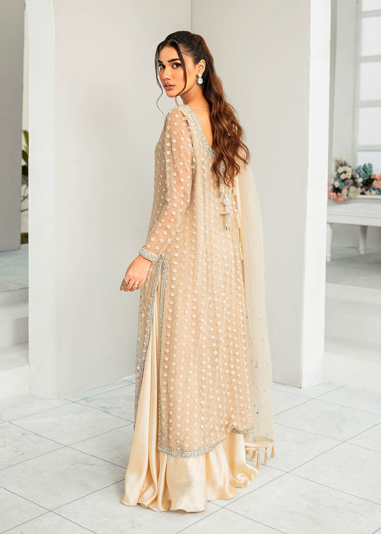 Pakistani Ivory Embroidered Net Sharara Set (3-Piece) - Image 5