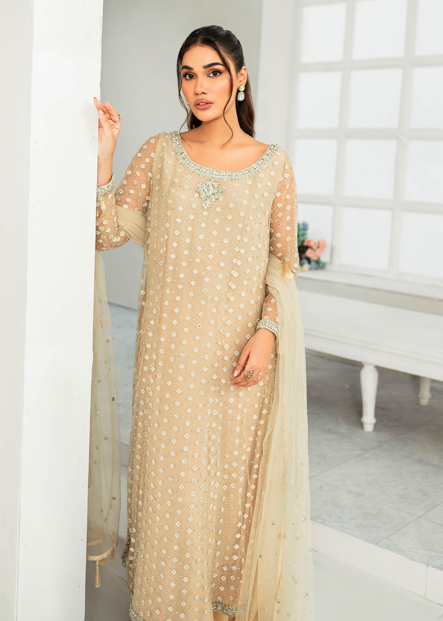 Pakistani Ivory Embroidered Net Sharara Set (3-Piece) - Image 6