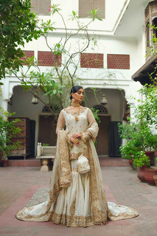 Pakistani Ivory Gold Embroidered Net Sharara (3-Piece) - Image 3