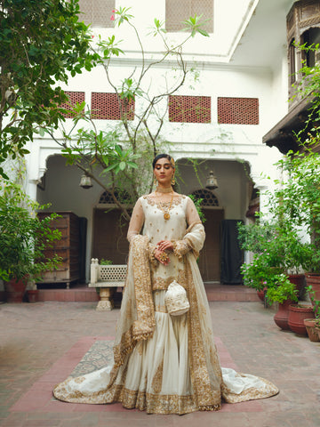 Pakistani Ivory Gold Embroidered Net Sharara (3-Piece) - Image 7