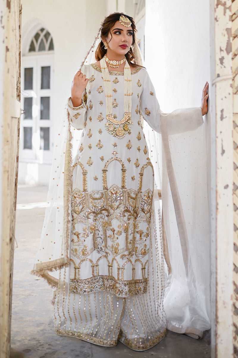 Pakistani Ivory Gold Embroidered Net Sharara Set (3-Piece) - Image 1