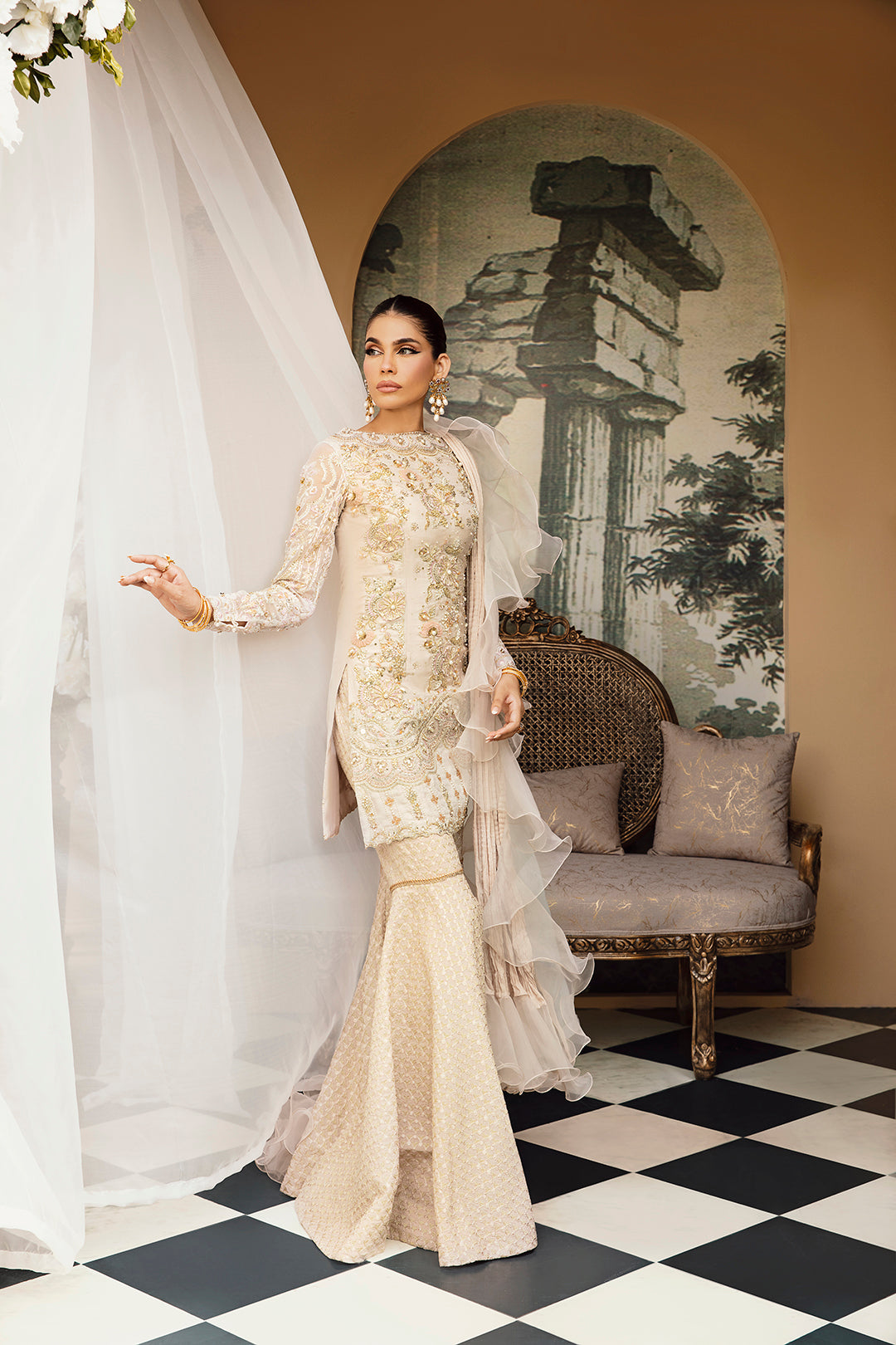 Off-White Embellished Net Sharara (3-Piece) - Image 2