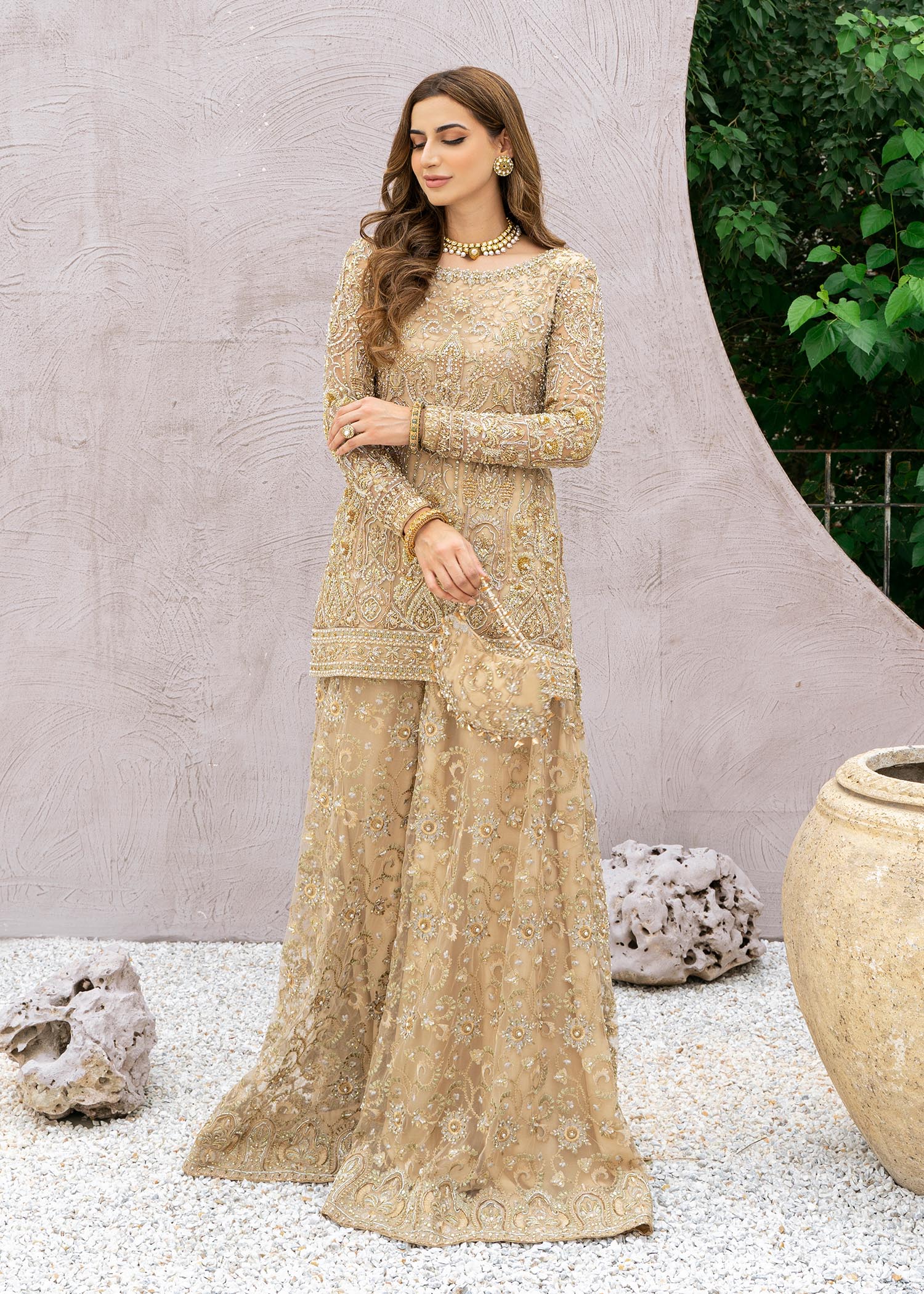 Pakistani Nude Embroidered Net Sharara Set (3-Piece) - Image 3