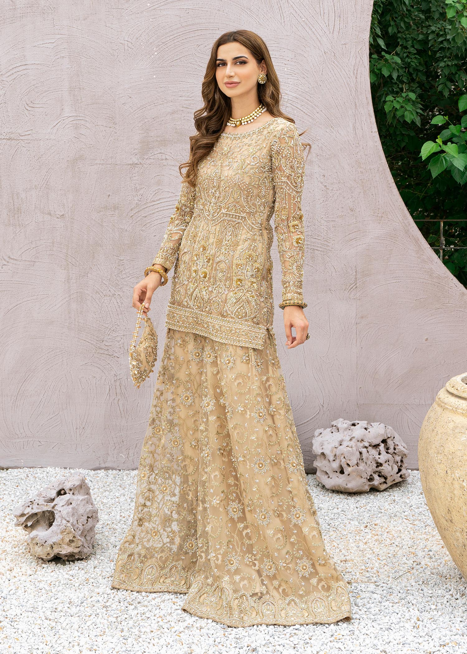 Pakistani Nude Embroidered Net Sharara Set (3-Piece) - Image 4