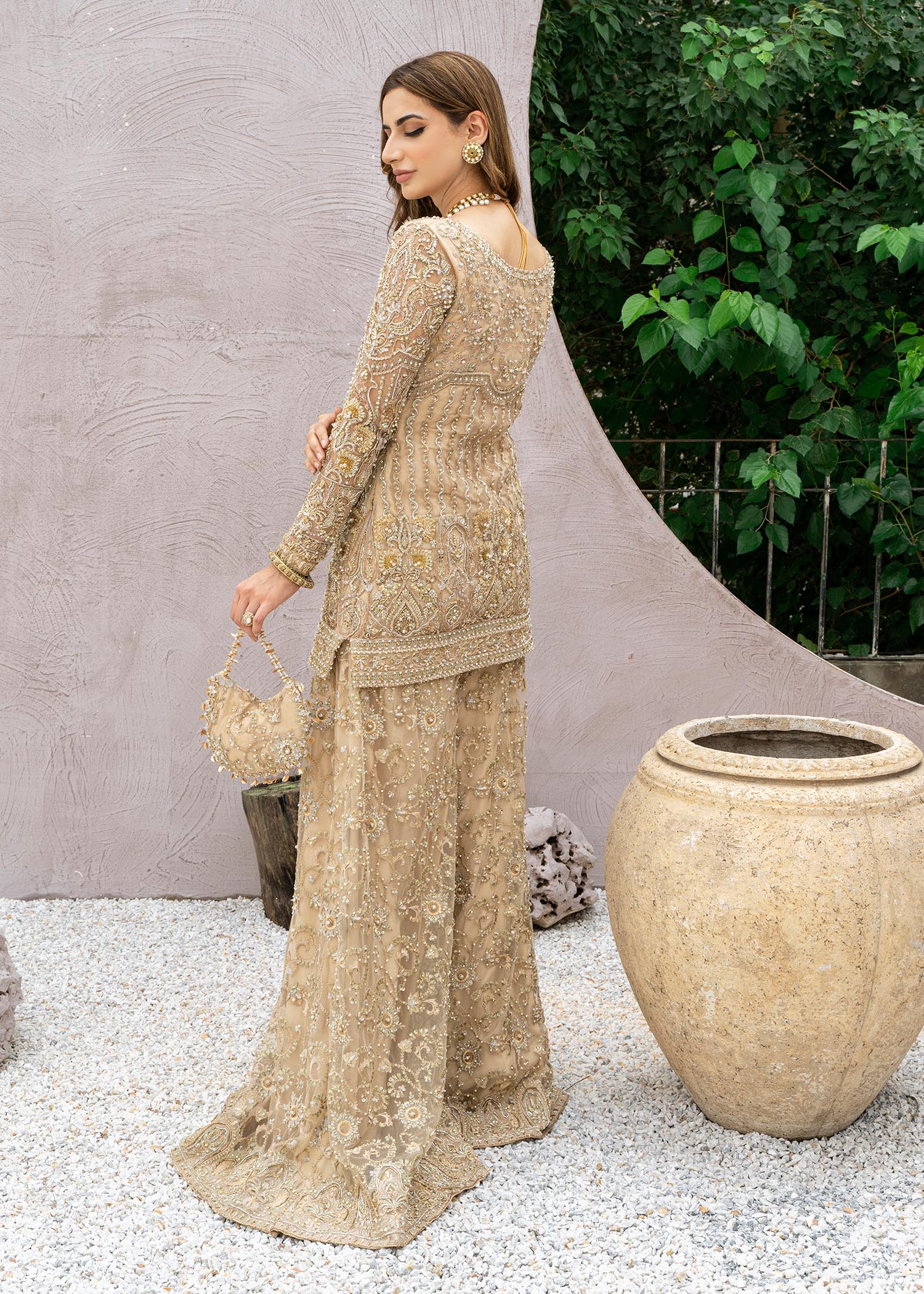 Pakistani Nude Embroidered Net Sharara Set (3-Piece) - Image 5