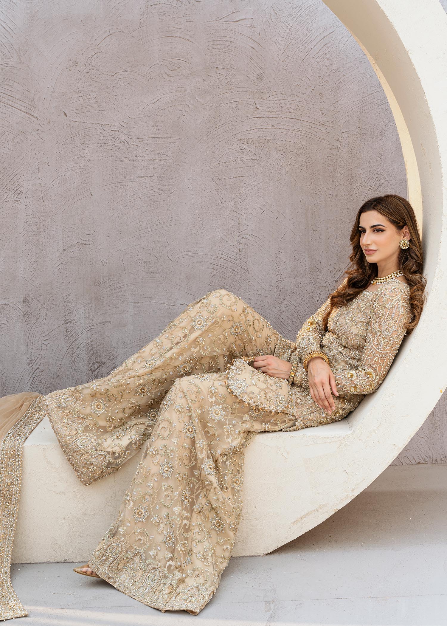 Pakistani Nude Embroidered Net Sharara Set (3-Piece) - Image 6