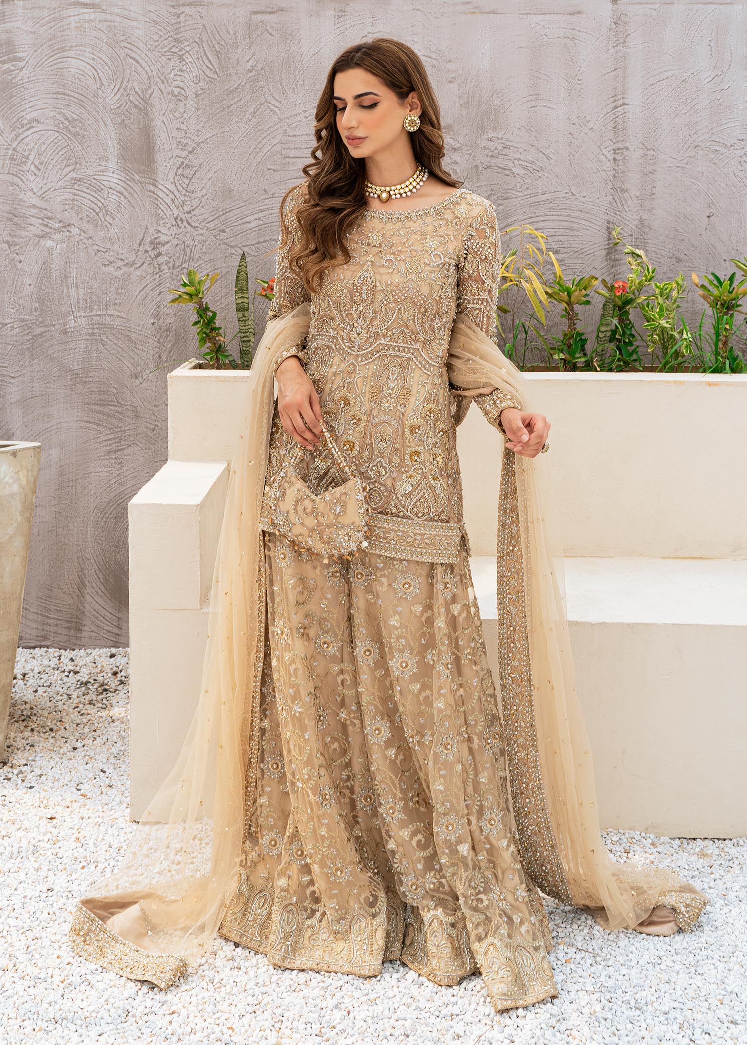 Pakistani Nude Embroidered Net Sharara Set (3-Piece) - Image 9