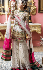 Ivory Embroidered Net Sharara Set (3-Piece) - Image 3