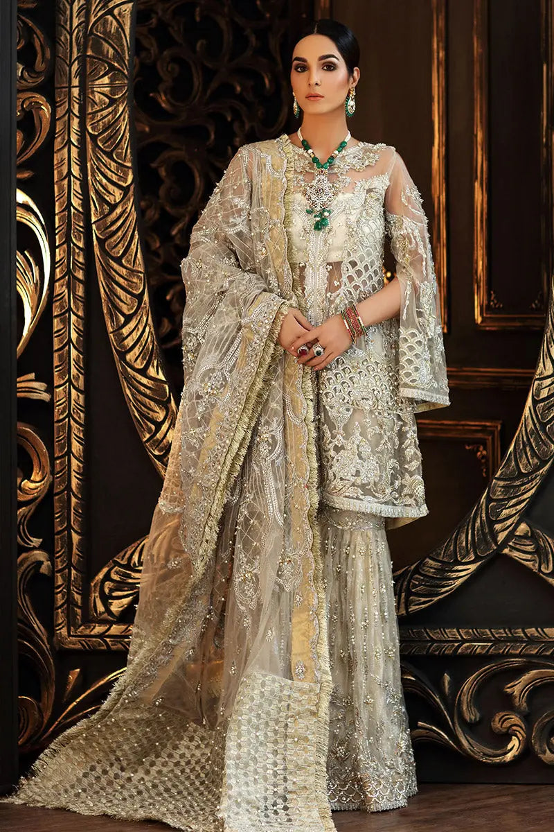 Ivory Embellished Net & Jamawar Bridal Sharara (3-Piece) - Image 2