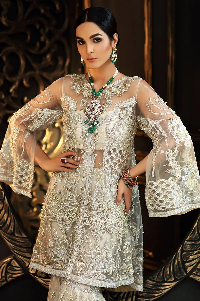 Ivory Embellished Net & Jamawar Bridal Sharara (3-Piece) - Image 3