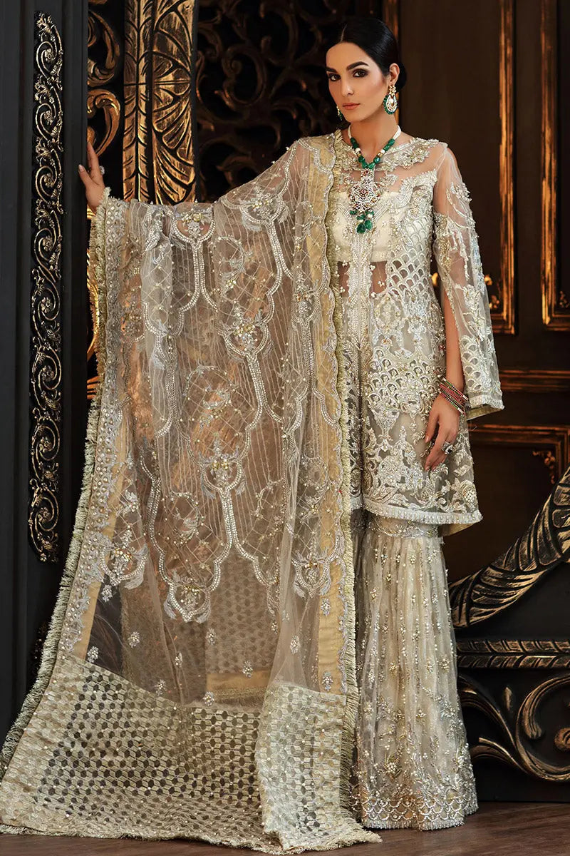Ivory Embellished Net & Jamawar Bridal Sharara (3-Piece) - Image 4