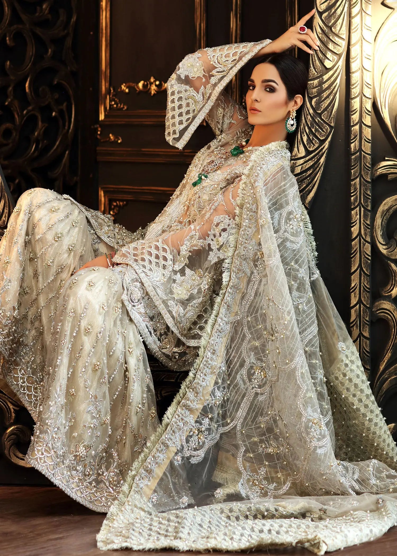 Ivory Embellished Net & Jamawar Bridal Sharara (3-Piece) - Image 5