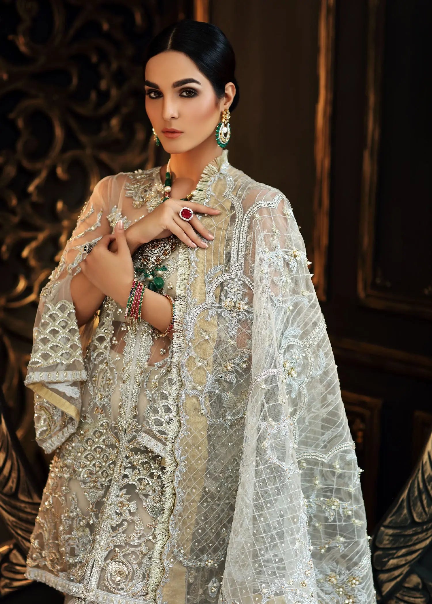 Ivory Embellished Net & Jamawar Bridal Sharara (3-Piece) - Image 6