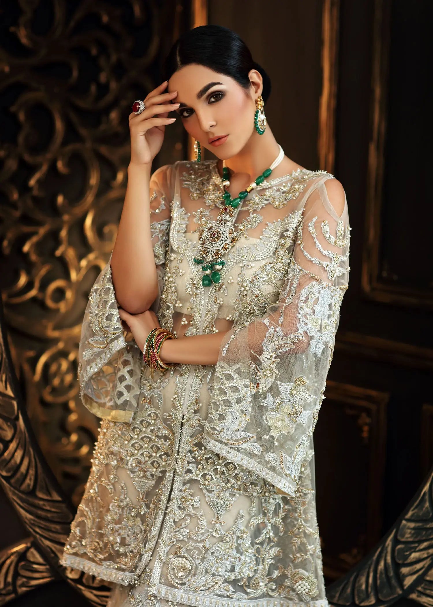 Ivory Embellished Net & Jamawar Bridal Sharara (3-Piece) - Image 7