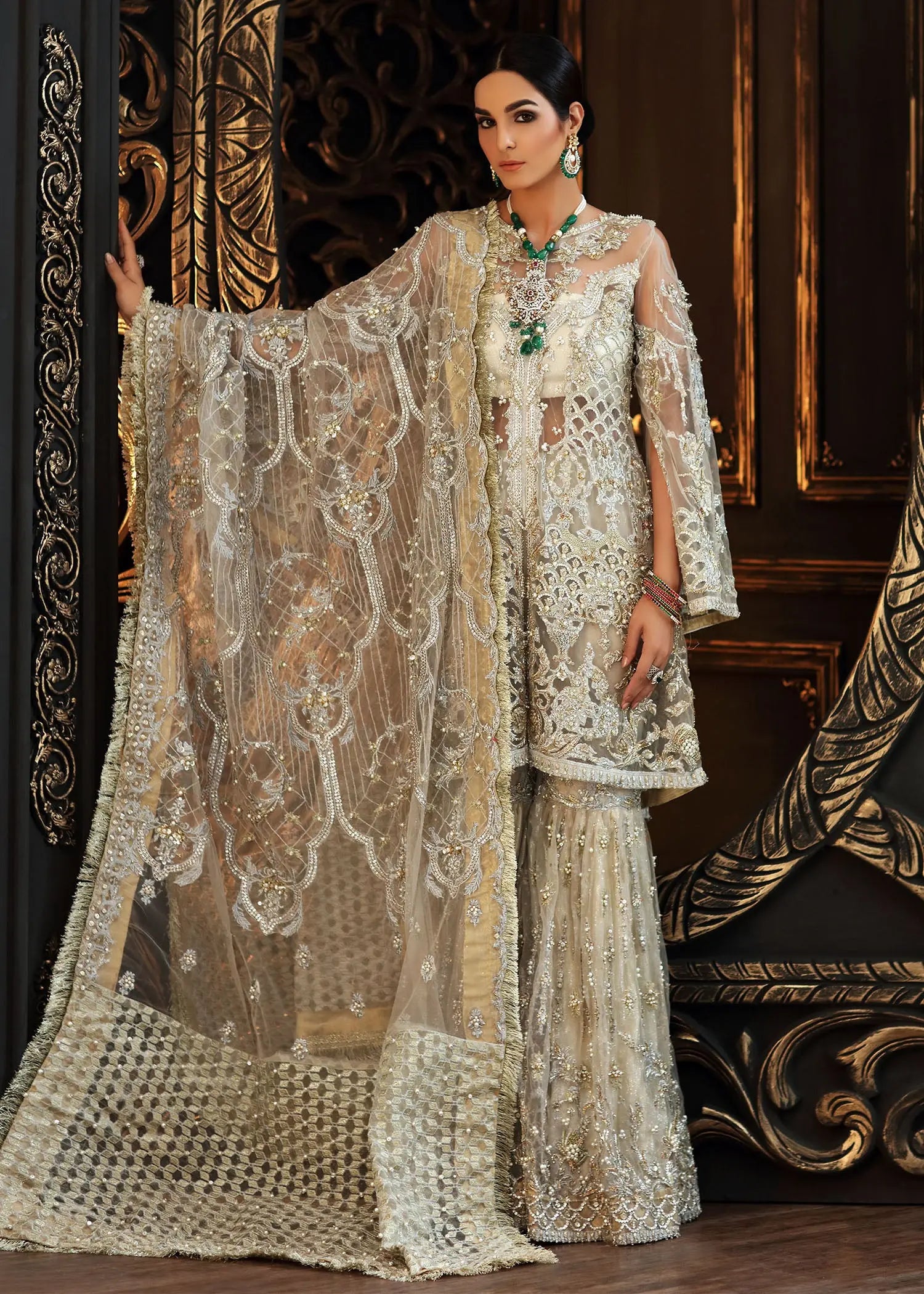 Ivory Embellished Net & Jamawar Bridal Sharara (3-Piece) - Image 8