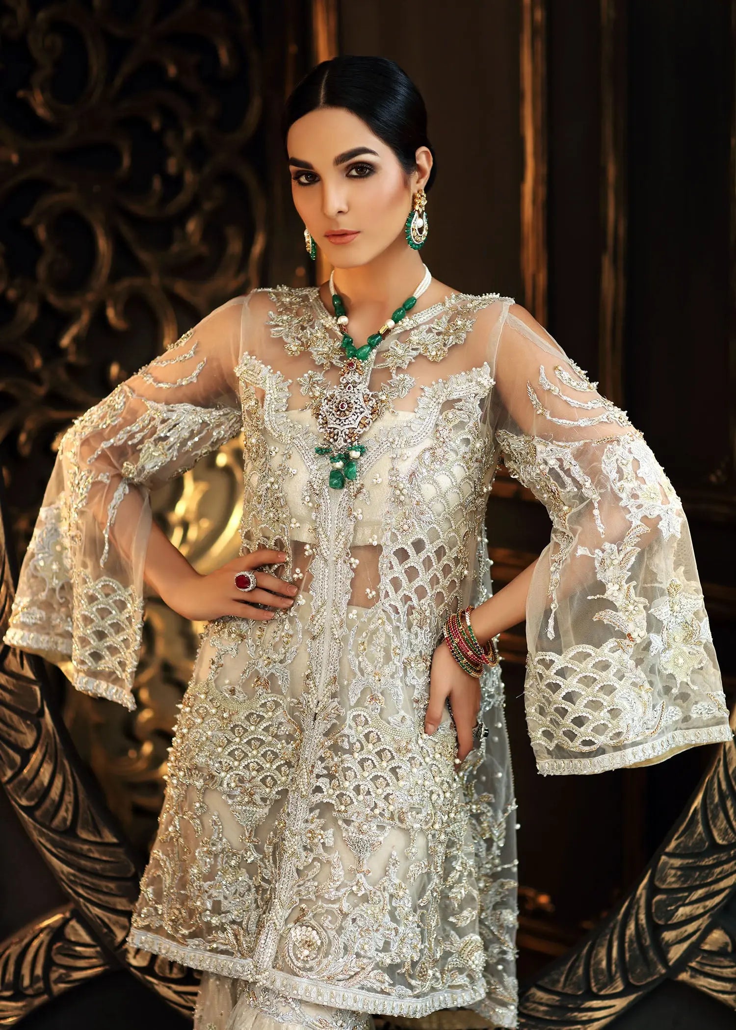 Ivory Embellished Net & Jamawar Bridal Sharara (3-Piece) - Image 9
