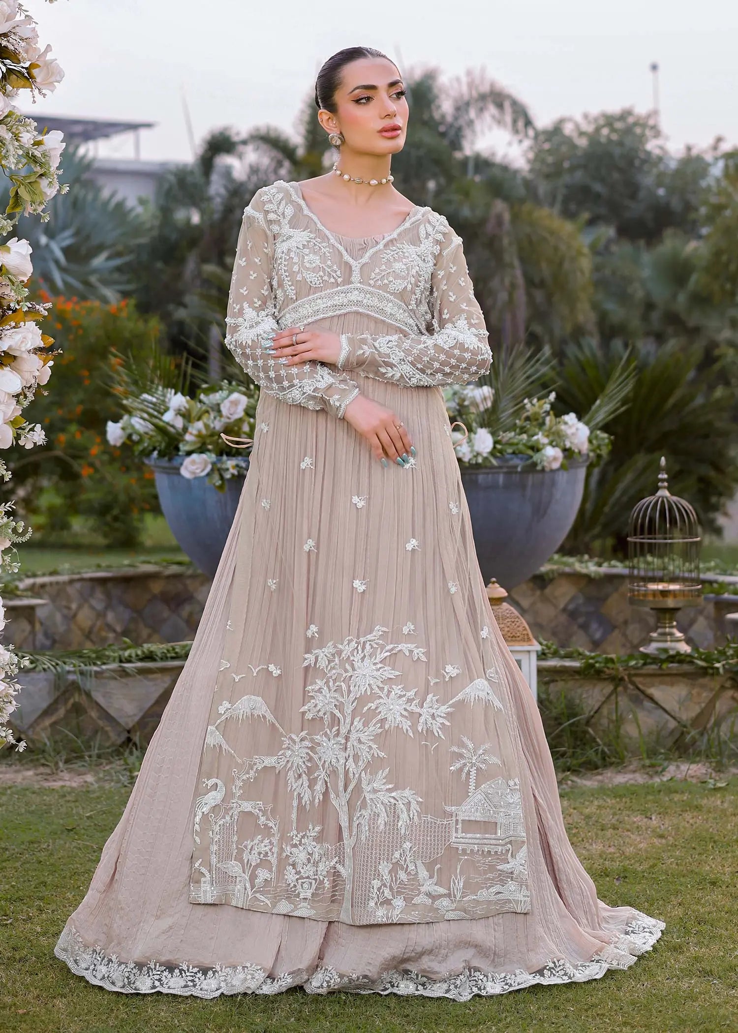 Skin Embroidered Net & Silk Sharara (3-Piece) - Image 1