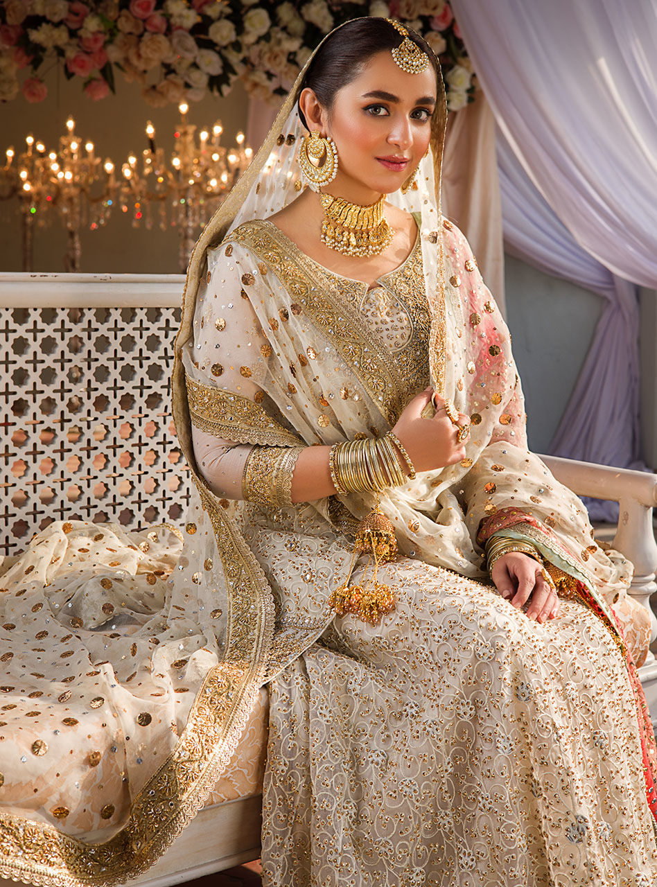 Pakistani Ivory Embroidered Net Sharara Dress (3-Piece) - Image 9
