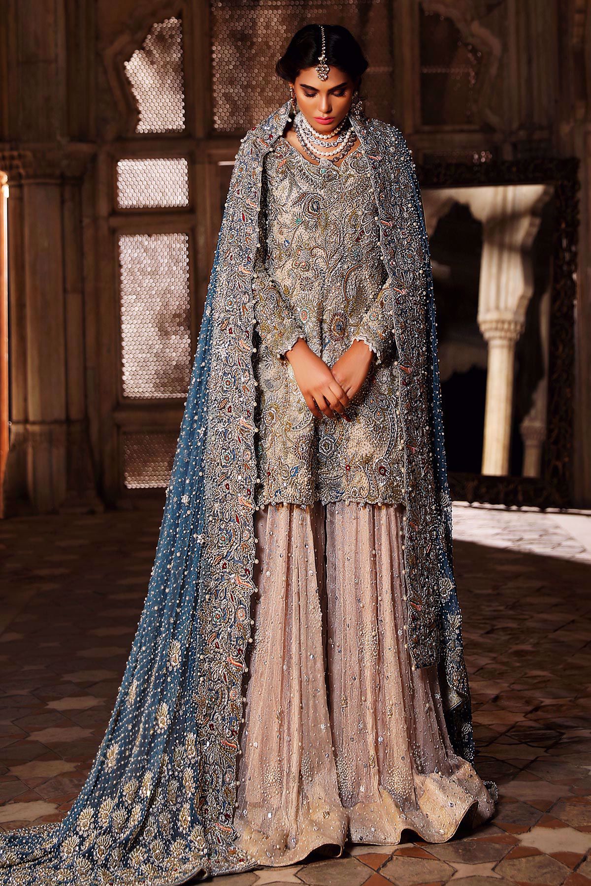 Pakistani Ivory Embroidered Net Sharara Dress (3-Piece) - Image 1