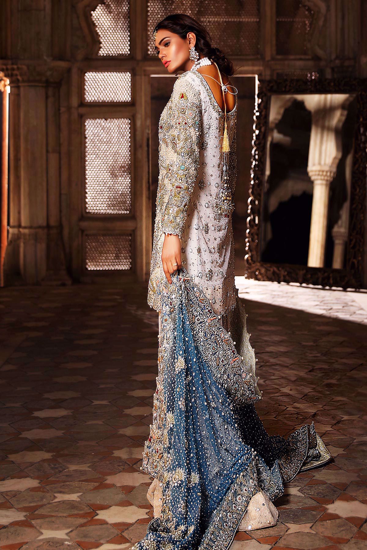 Pakistani Ivory Embroidered Net Sharara Dress (3-Piece) - Image 3