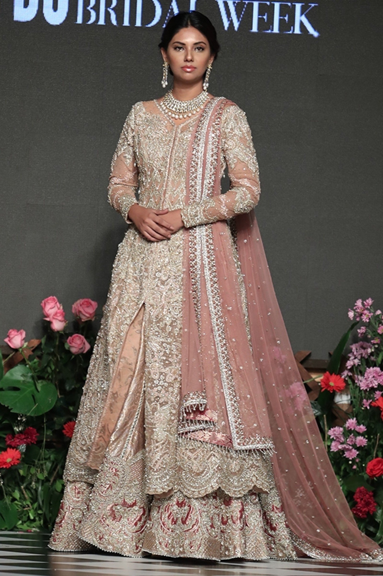 Pakistani Ivory & Blush Embellished Net Silk Bridal Jacket (3-Piece) - Image 1