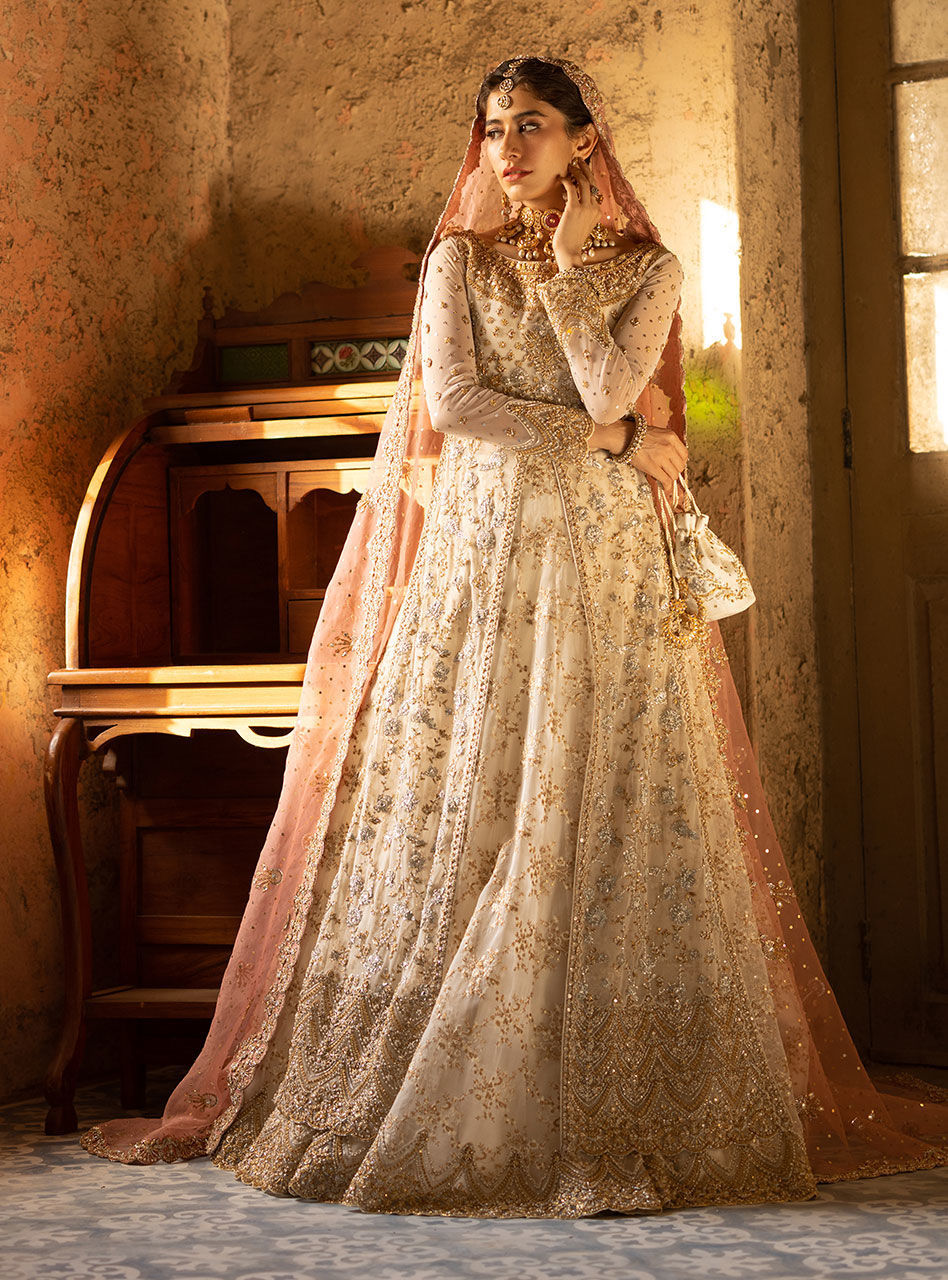 Pakistani Ivory Embellished Net Sharara Set (3-Piece) - Image 1