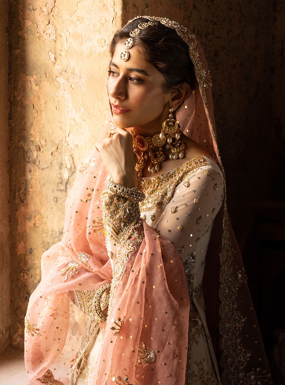 Pakistani Ivory Embellished Net Sharara Set (3-Piece) - Image 5