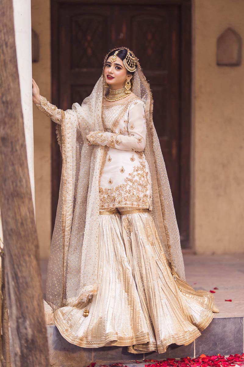 Ivory Antique Gold Embroidered Organza Sharara (3-Piece) - Image 3