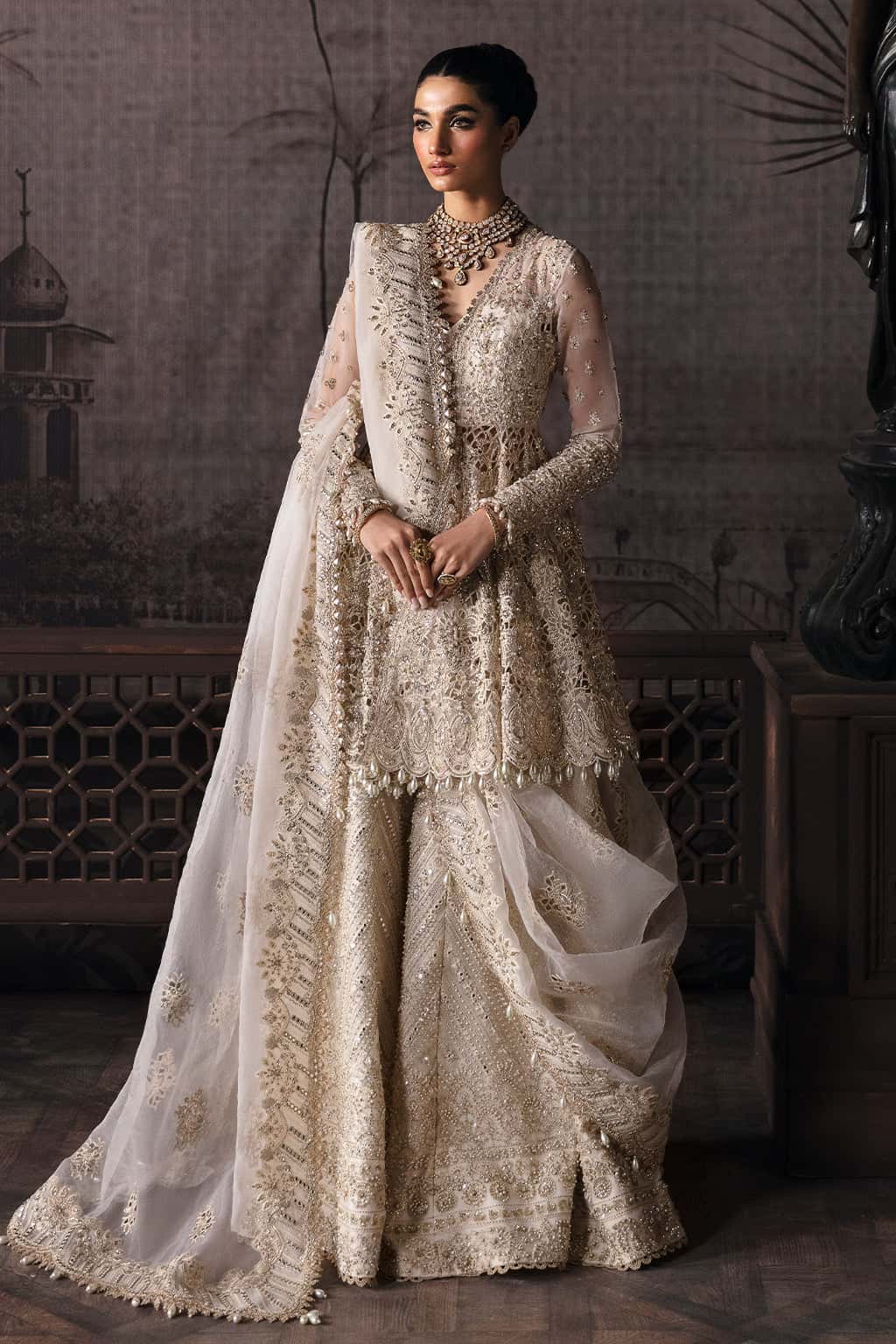 Pakistani Off-White Hand-Embellished Organza Sharara (3-Piece) - Image 1