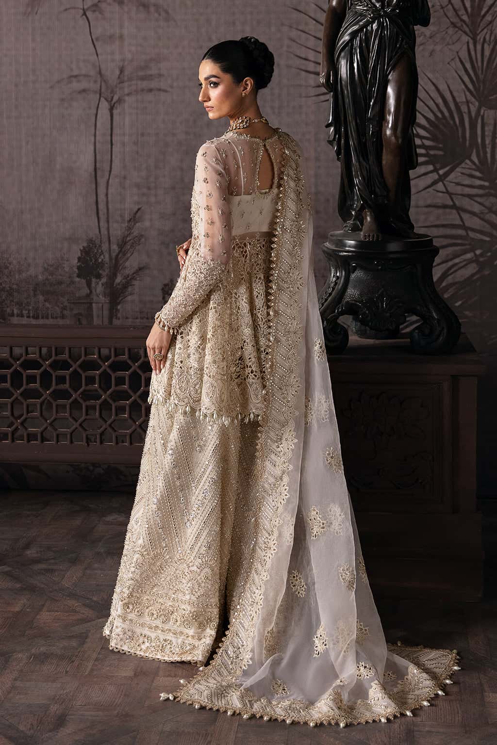 Pakistani Off-White Hand-Embellished Organza Sharara (3-Piece) - Image 2