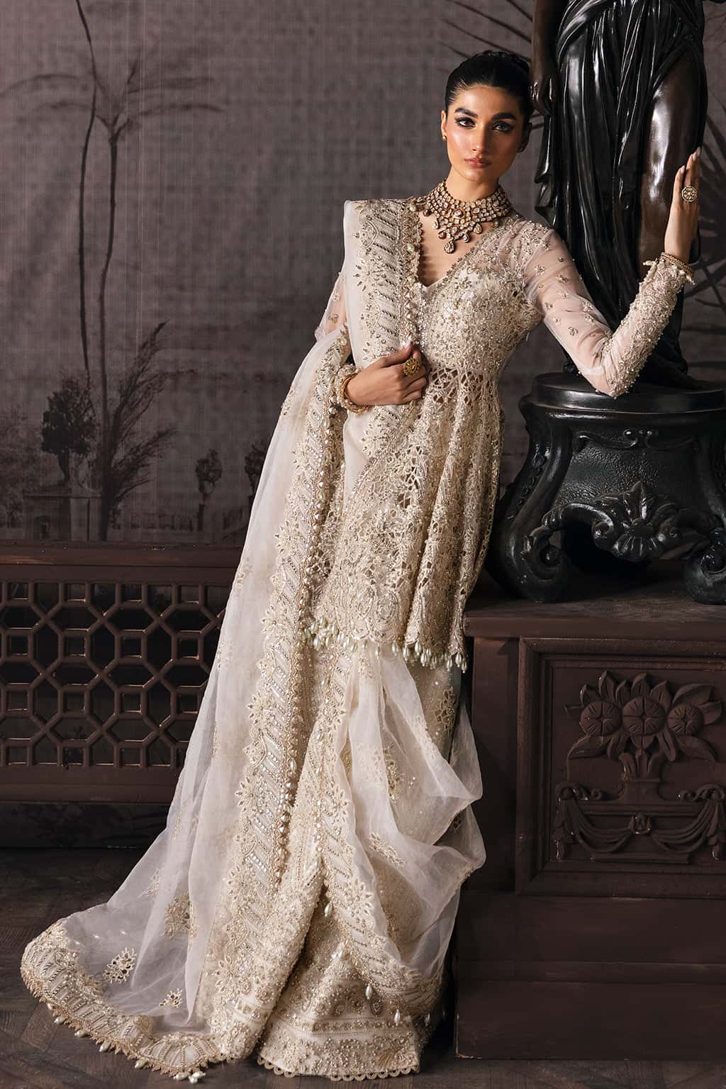 Pakistani Off-White Hand-Embellished Organza Sharara (3-Piece) - Image 3