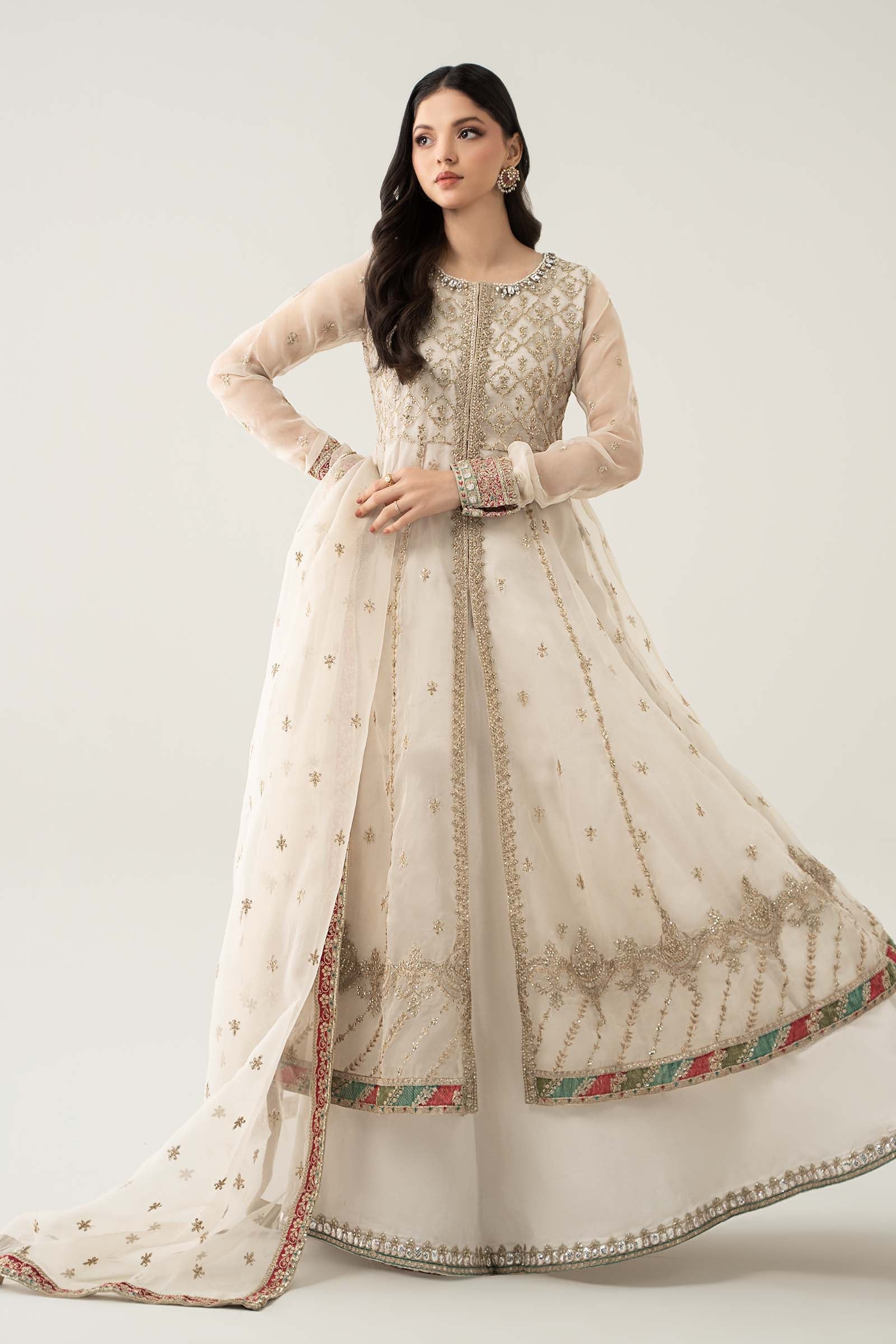 Pakistani Off-White Embroidered Organza Sharara Set (3-Piece) - Image 1