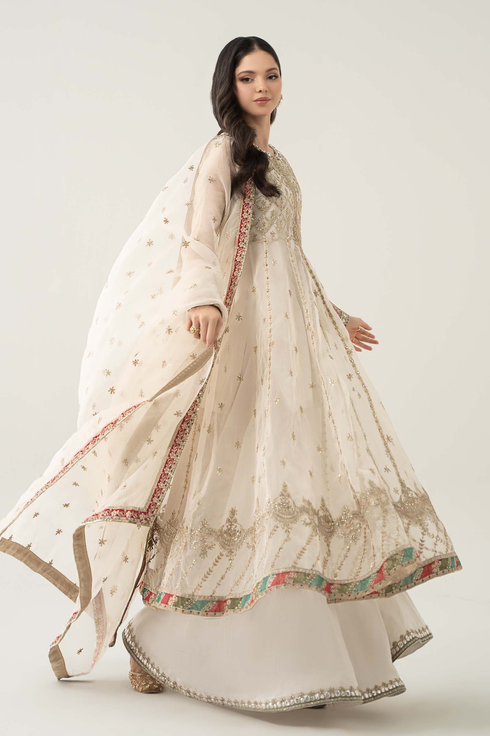 Pakistani Off-White Embroidered Organza Sharara Set (3-Piece) - Image 6