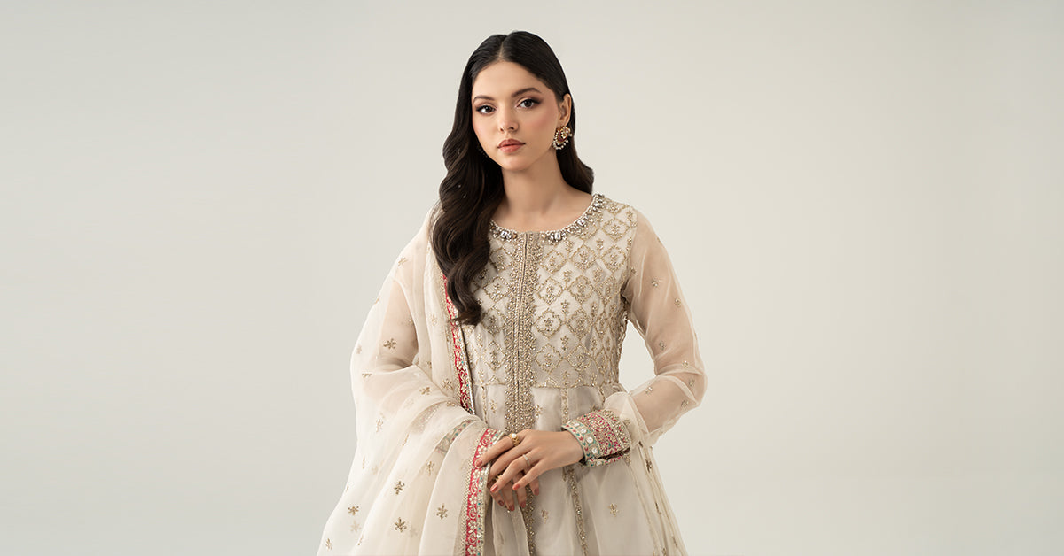 Pakistani Off-White Embroidered Organza Sharara Set (3-Piece) - Image 8