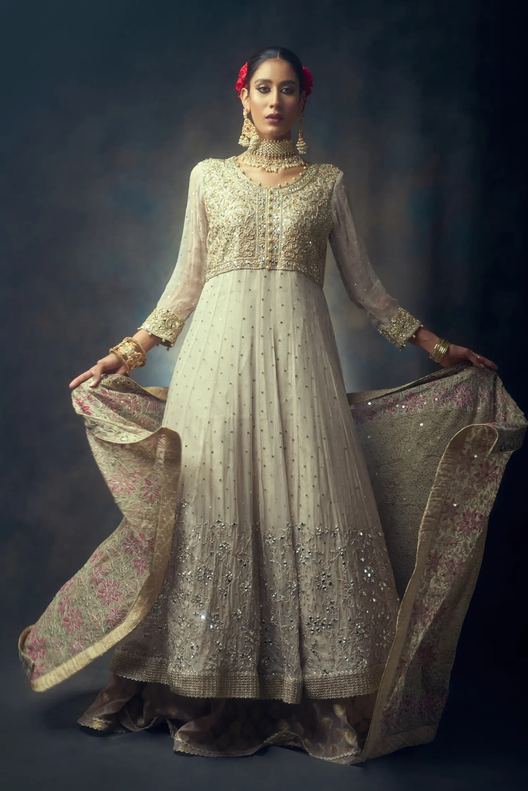 Off-White Pastel Pink Embroidered Organza Anarkali Sharara (3-Piece) - Image 1