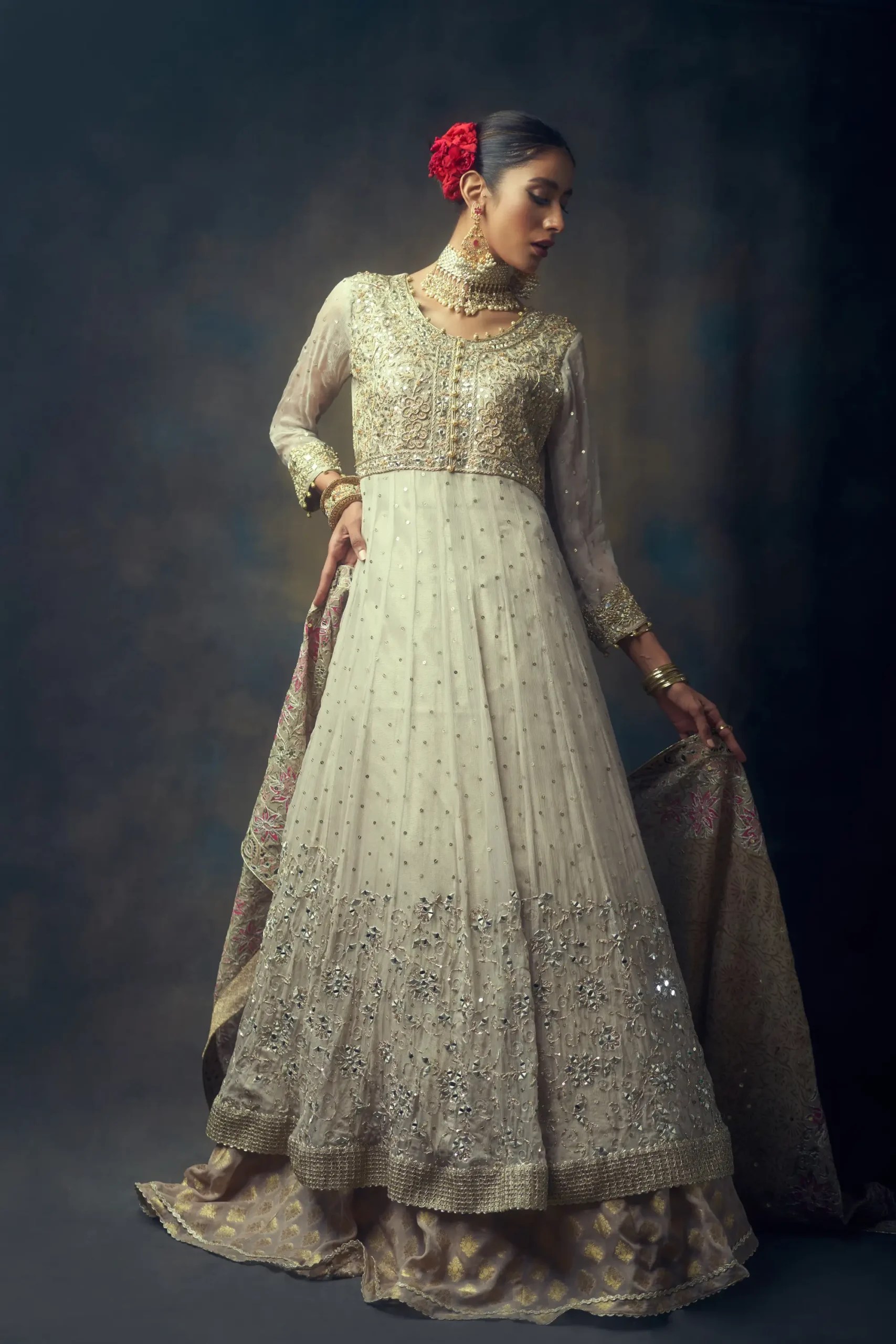 Off-White Pastel Pink Embroidered Organza Anarkali Sharara (3-Piece) - Image 2