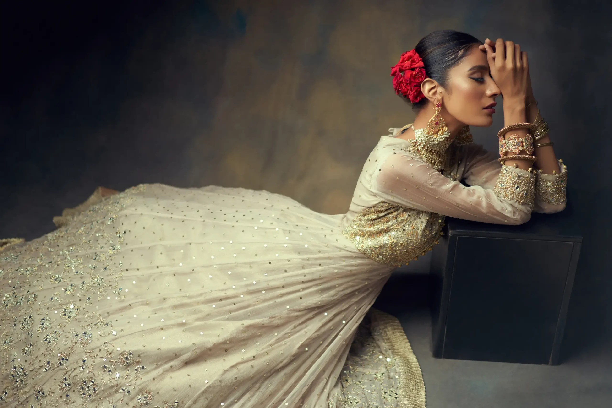 Off-White Pastel Pink Embroidered Organza Anarkali Sharara (3-Piece) - Image 3