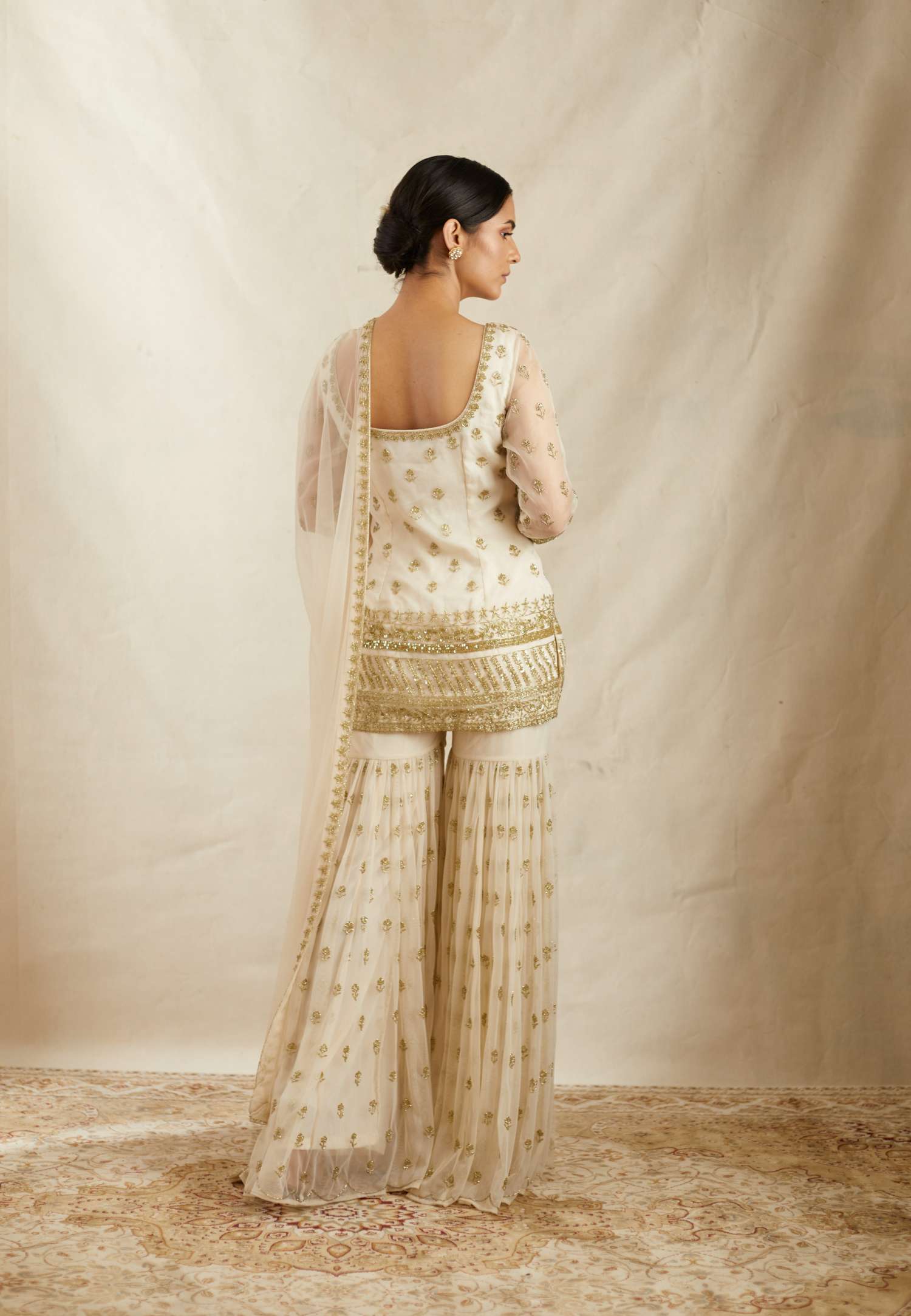 Off White Embroidered Organza Sharara Set (3-Piece) - Image 2