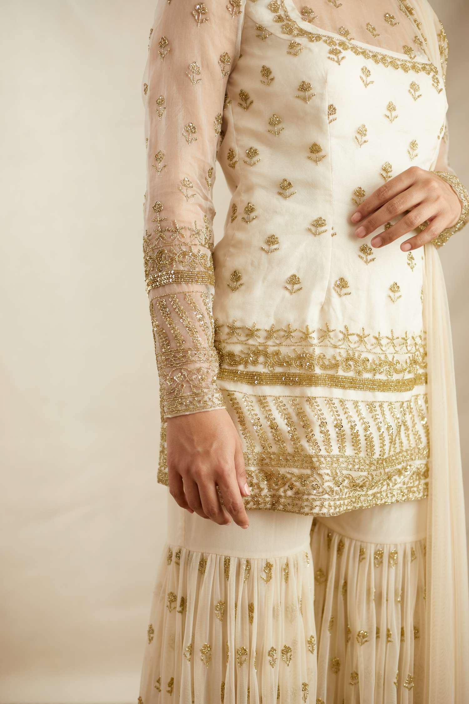 Off White Embroidered Organza Sharara Set (3-Piece) - Image 3