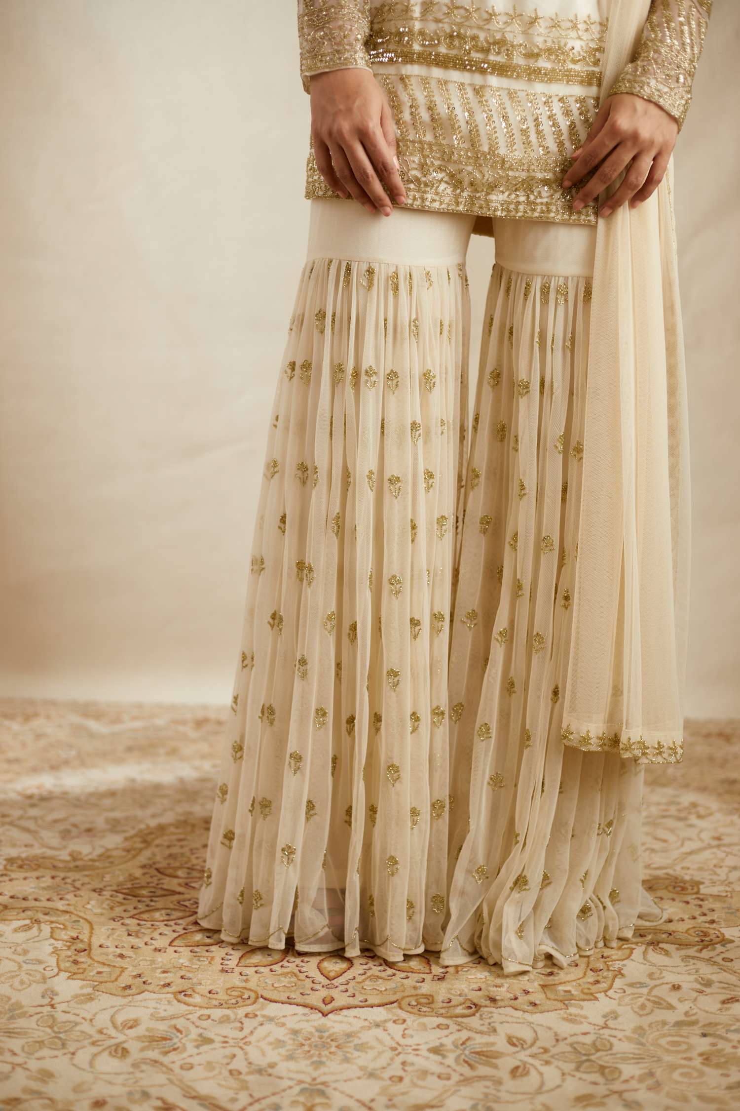 Off White Embroidered Organza Sharara Set (3-Piece) - Image 4