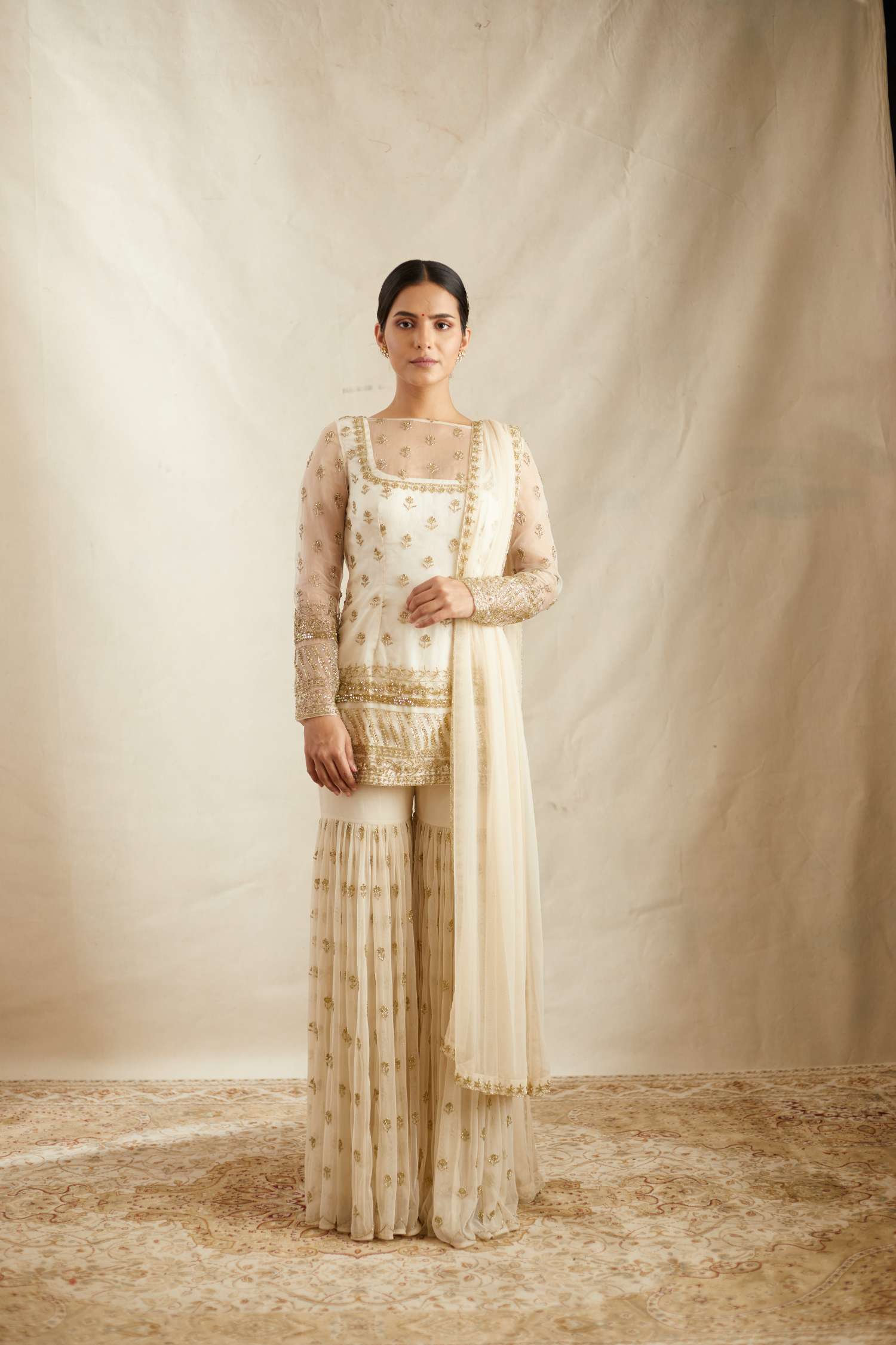 Off White Embroidered Organza Sharara Set (3-Piece) - Image 5