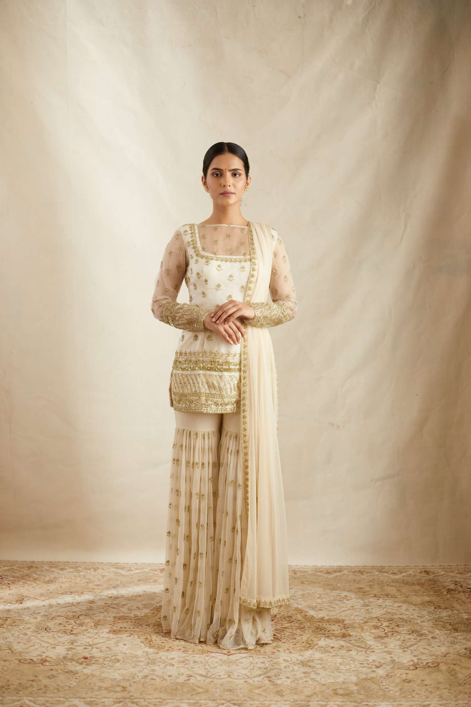 Off White Embroidered Organza Sharara Set (3-Piece) - Image 6