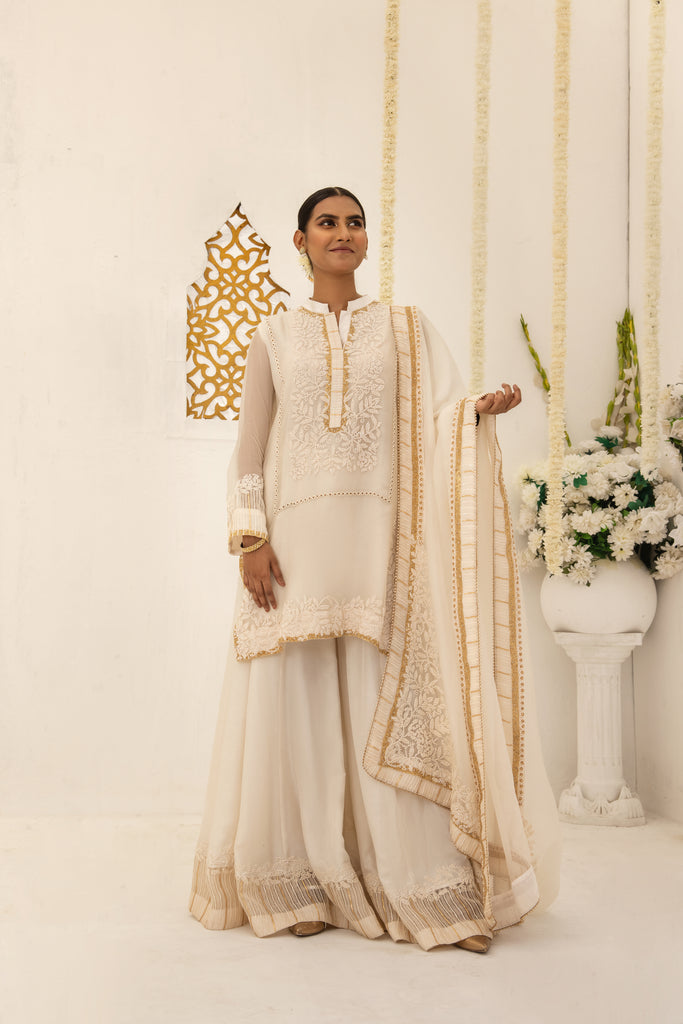 Pakistani Off-White Embroidered Organza Sharara (3-Piece) - Image 1
