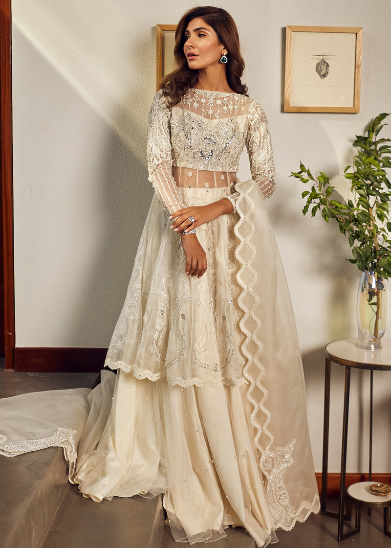 Pakistani Ivory Handworked Organza & Net Sharara (3-Piece) - Image 1